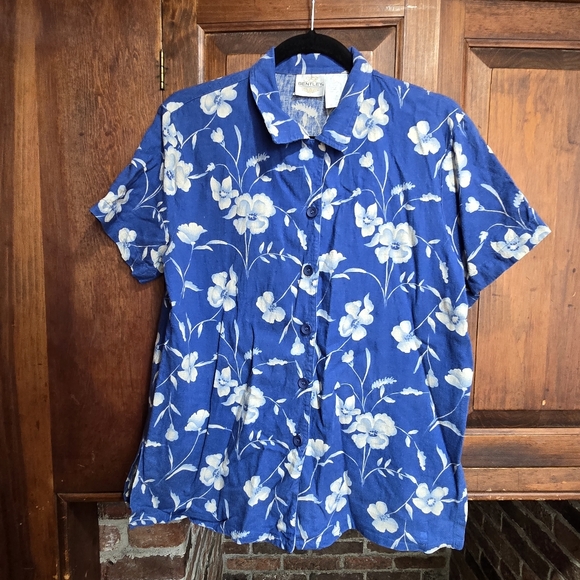 Vintage Blue and White Linen Blend Floral Button Shirt by JR Bentley - Size 10 - Picture 2 of 7